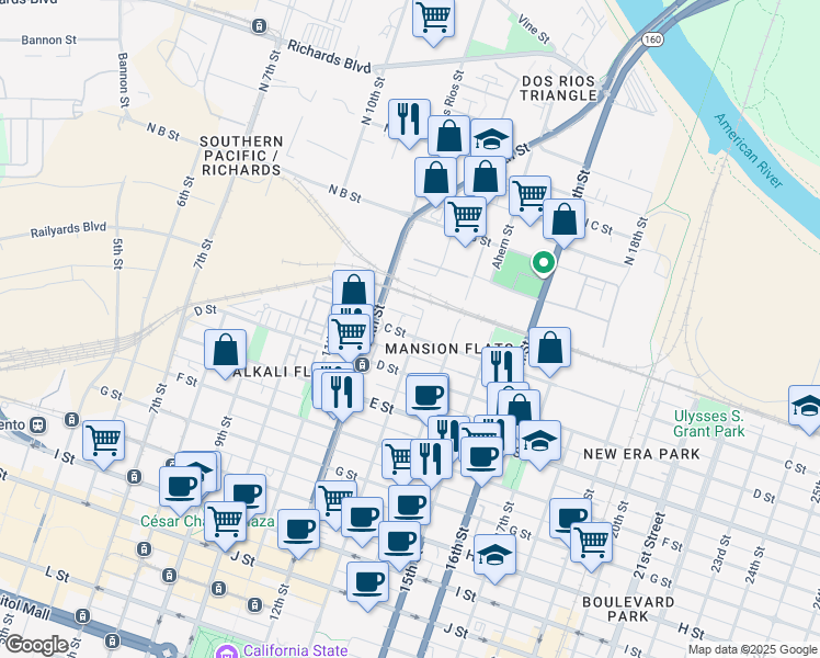 map of restaurants, bars, coffee shops, grocery stores, and more near 1219 C Street in Sacramento
