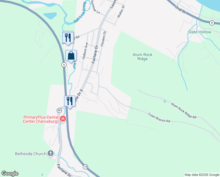 map of restaurants, bars, coffee shops, grocery stores, and more near 259 Town Bridge in Vanceburg