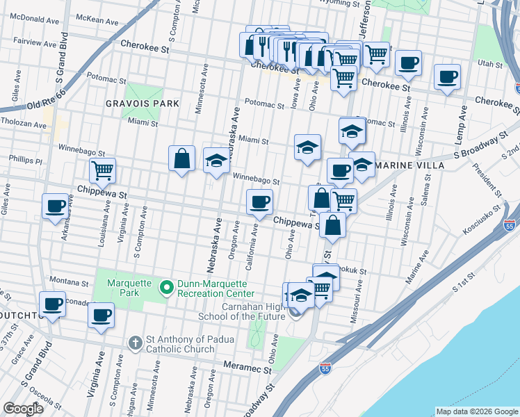 map of restaurants, bars, coffee shops, grocery stores, and more near 3746 California Avenue in St. Louis