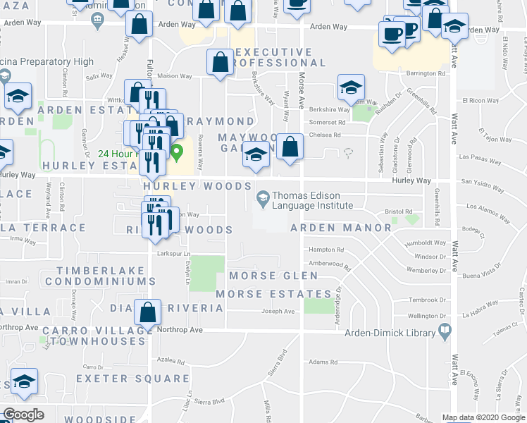 map of restaurants, bars, coffee shops, grocery stores, and more near 2950 Hurley Way in Sacramento