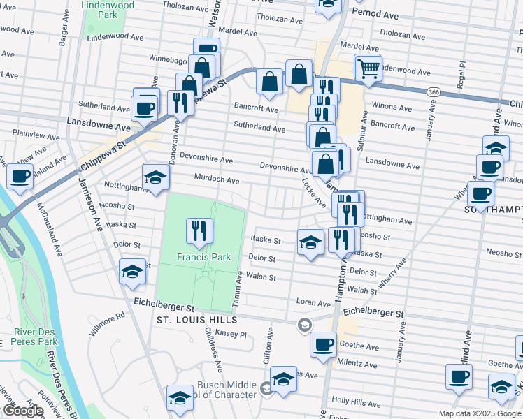 map of restaurants, bars, coffee shops, grocery stores, and more near 6263 Nottingham Avenue in St. Louis