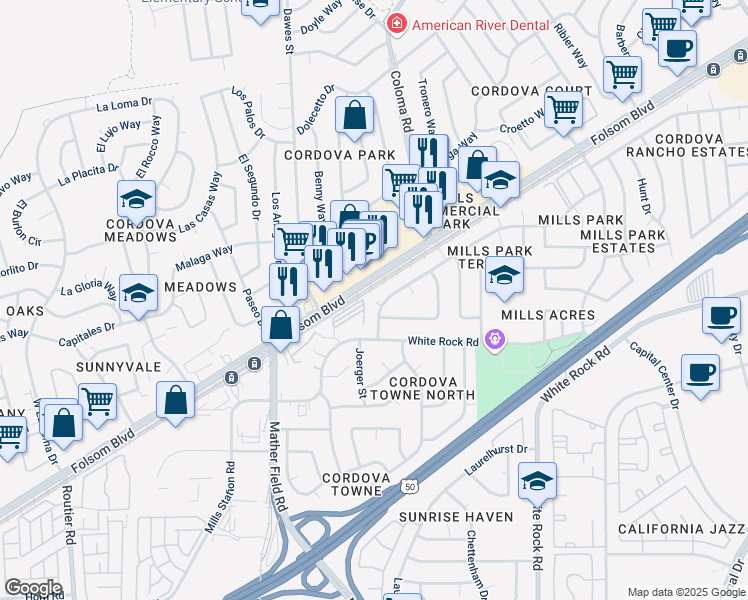 map of restaurants, bars, coffee shops, grocery stores, and more near 10361 Mills Tower Drive in Rancho Cordova