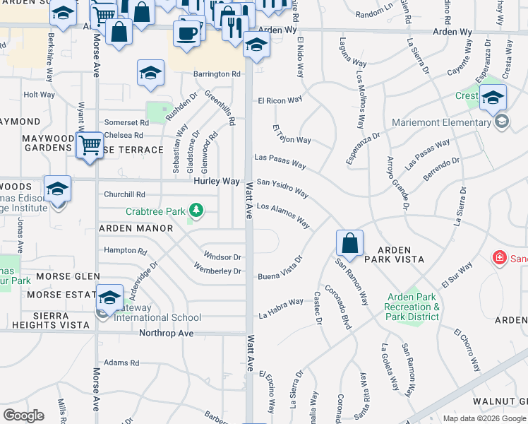 map of restaurants, bars, coffee shops, grocery stores, and more near 3531 Los Alamos Way in Sacramento