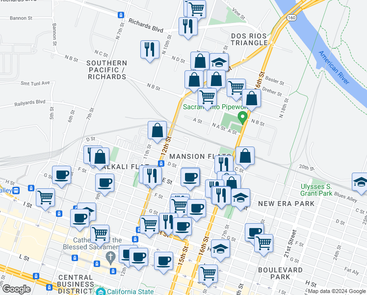map of restaurants, bars, coffee shops, grocery stores, and more near 1219 C Street in Sacramento