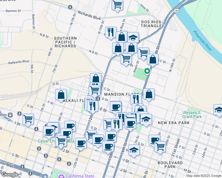map of restaurants, bars, coffee shops, grocery stores, and more near 1219 C Street in Sacramento