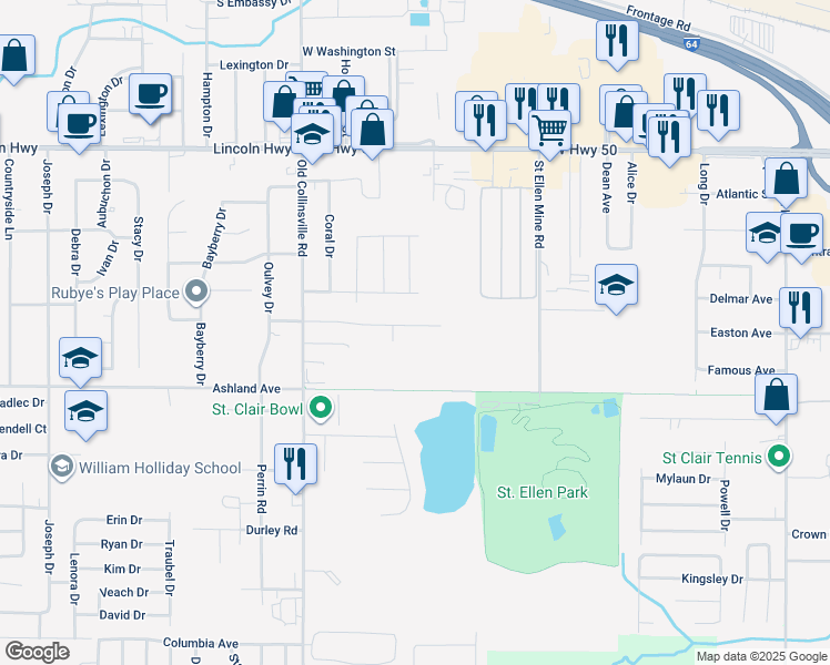 map of restaurants, bars, coffee shops, grocery stores, and more near 202 Autumn Pine Drive in Fairview Heights