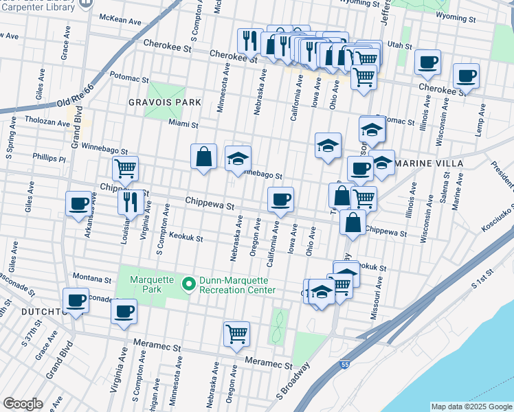 map of restaurants, bars, coffee shops, grocery stores, and more near 3737 Oregon Avenue in St. Louis
