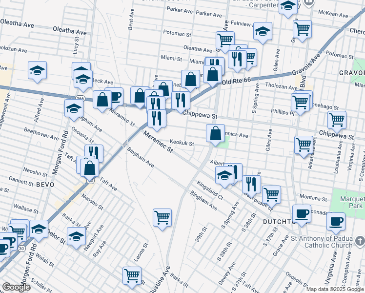 map of restaurants, bars, coffee shops, grocery stores, and more near 4013 Keokuk Street in St. Louis