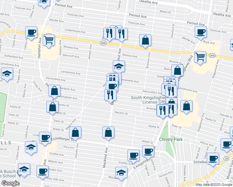 map of restaurants, bars, coffee shops, grocery stores, and more near in St. Louis