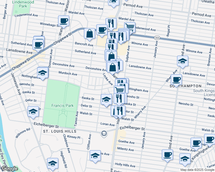 map of restaurants, bars, coffee shops, grocery stores, and more near 4714 Clifton Avenue in St. Louis