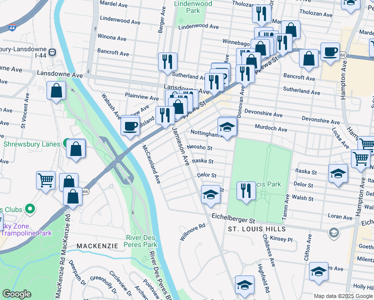 map of restaurants, bars, coffee shops, grocery stores, and more near 6635 Neosho Street in St. Louis