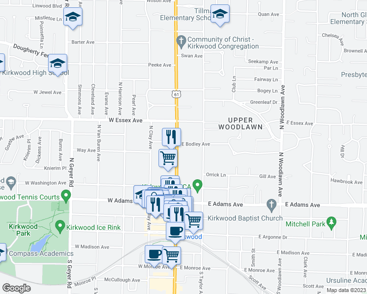 map of restaurants, bars, coffee shops, grocery stores, and more near 507 North Taylor Avenue in Kirkwood