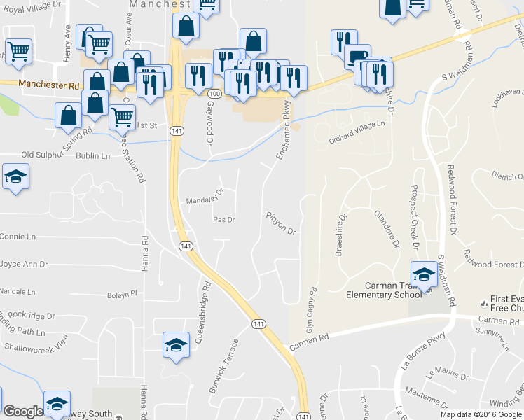 map of restaurants, bars, coffee shops, grocery stores, and more near 359 Old Meramec Station Road in Ballwin