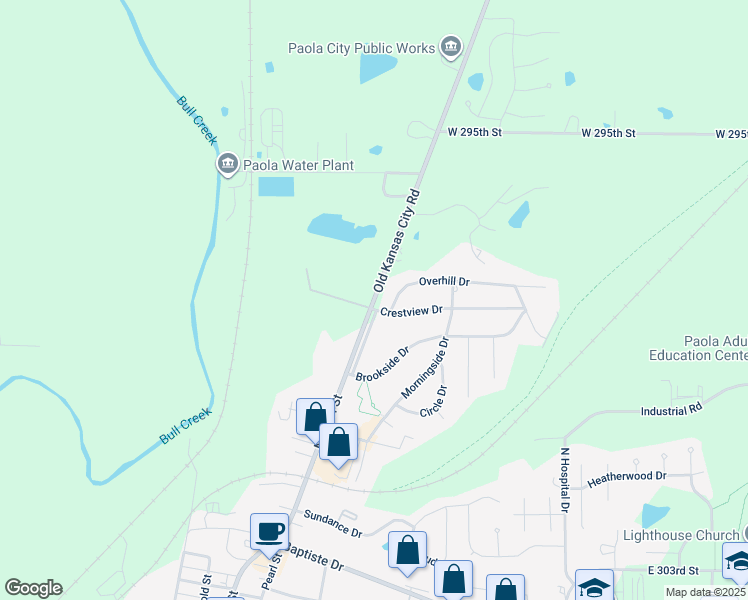 map of restaurants, bars, coffee shops, grocery stores, and more near 4 Overhill Drive in Paola