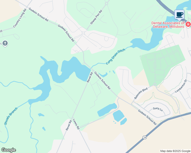 map of restaurants, bars, coffee shops, grocery stores, and more near 24352 Godwin School Road in Millsboro