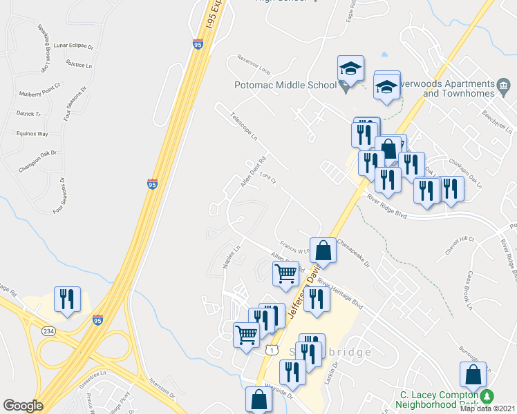 map of restaurants, bars, coffee shops, grocery stores, and more near 16878 Toms River Loop in Dumfries