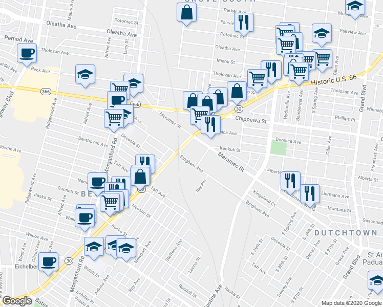 map of restaurants, bars, coffee shops, grocery stores, and more near 4230 Gravois Avenue in Saint Louis