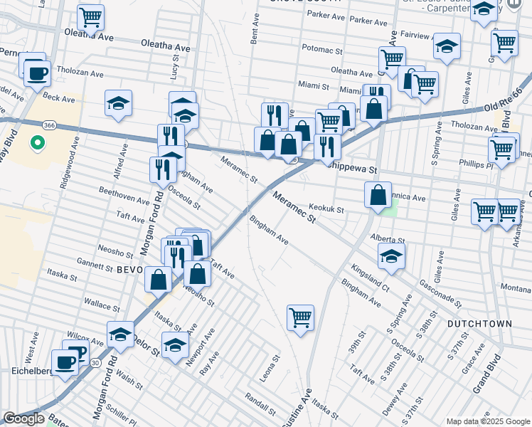 map of restaurants, bars, coffee shops, grocery stores, and more near 4230 Gravois Avenue in Saint Louis
