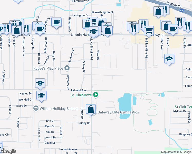 map of restaurants, bars, coffee shops, grocery stores, and more near 105 Autumn Pine Drive in Fairview Heights