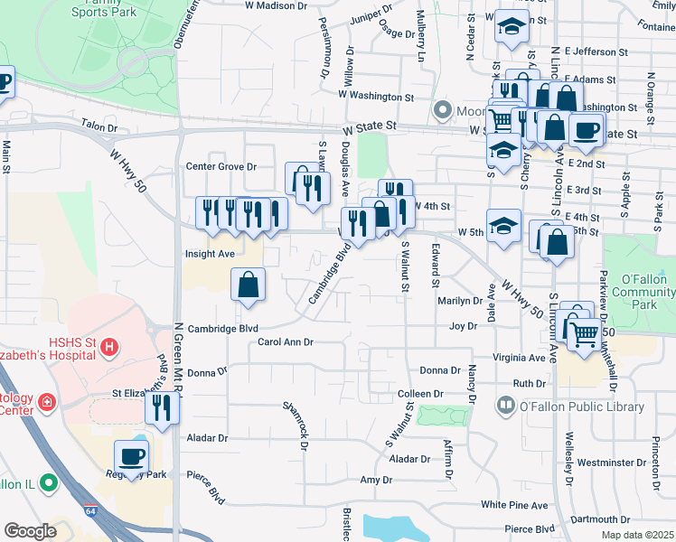 map of restaurants, bars, coffee shops, grocery stores, and more near 720 Cambridge Boulevard in O'Fallon