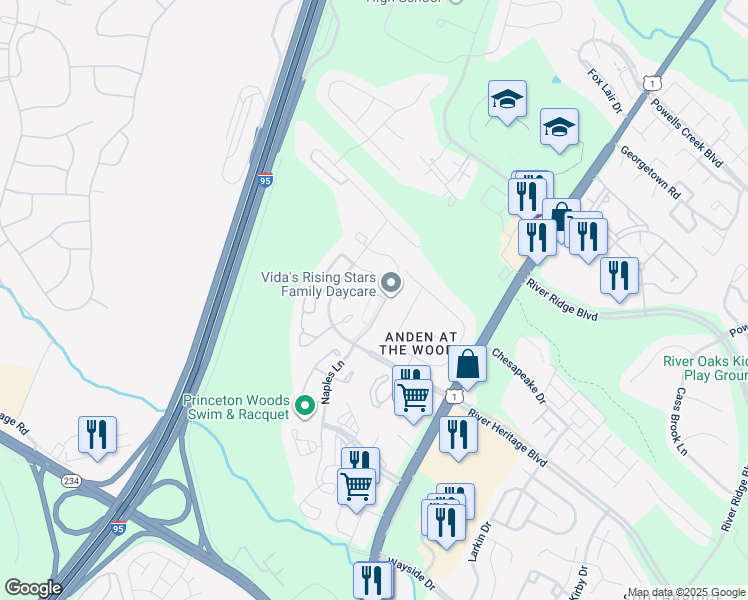 map of restaurants, bars, coffee shops, grocery stores, and more near 16878 Toms River Loop in Dumfries