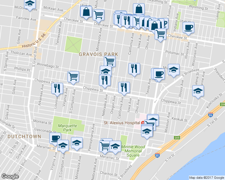 map of restaurants, bars, coffee shops, grocery stores, and more near 2835 Chippewa Street in St. Louis