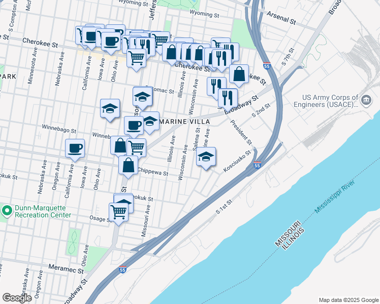 map of restaurants, bars, coffee shops, grocery stores, and more near 1930 Winnebago Street in St. Louis