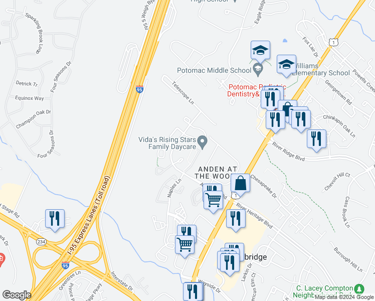 map of restaurants, bars, coffee shops, grocery stores, and more near 16858 Toms River Loop in Dumfries