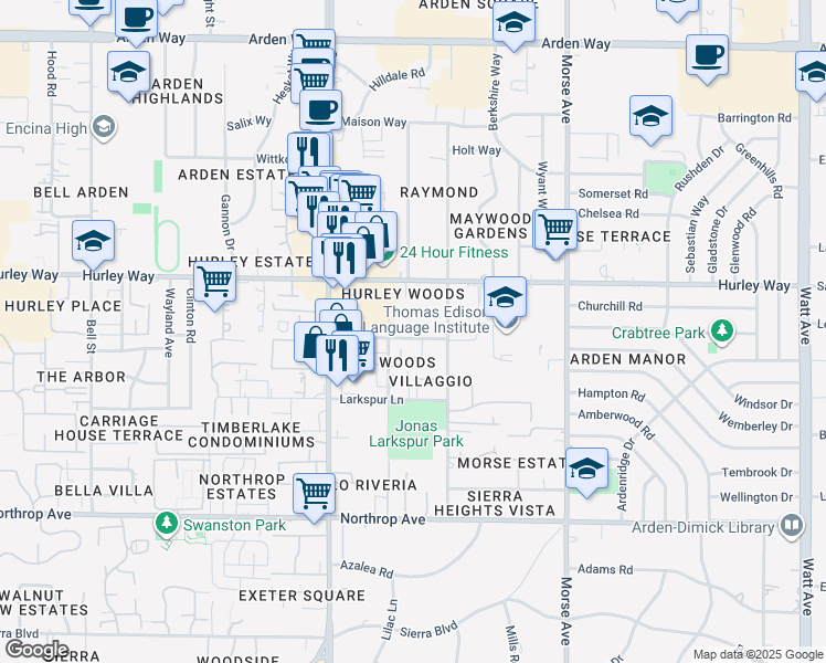 map of restaurants, bars, coffee shops, grocery stores, and more near 1214 Franmor Court in Sacramento