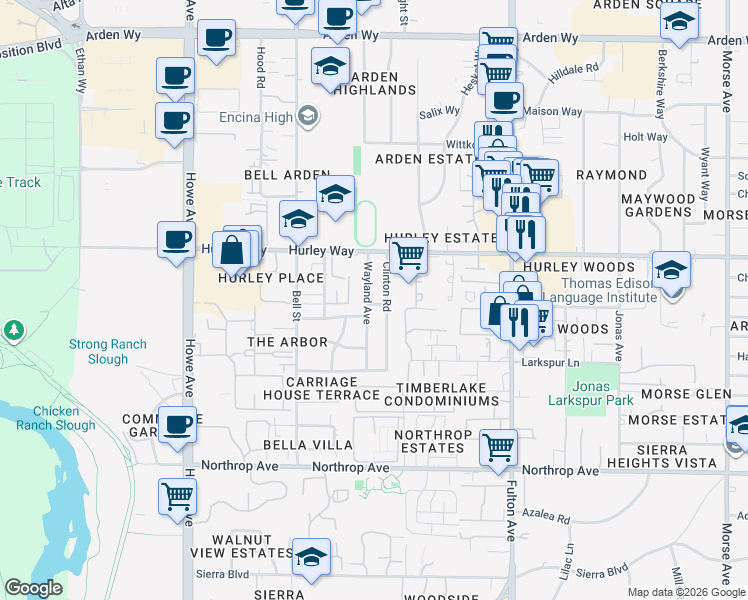 map of restaurants, bars, coffee shops, grocery stores, and more near 1213 Clinton Road in Sacramento