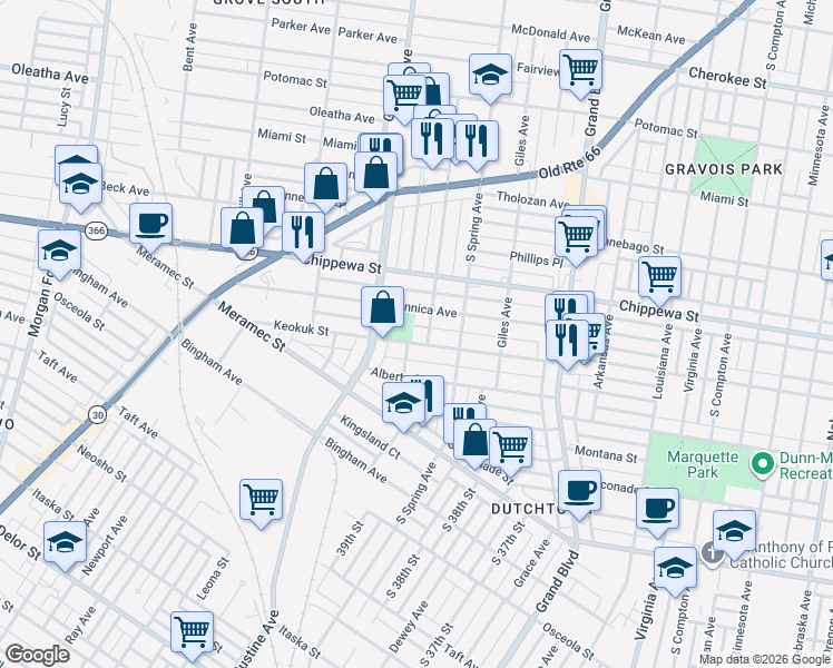 map of restaurants, bars, coffee shops, grocery stores, and more near 3810 Dunnica Avenue in St. Louis