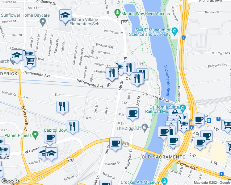map of restaurants, bars, coffee shops, grocery stores, and more near 406 Harriet Lane in West Sacramento
