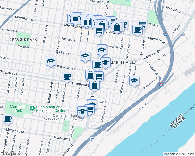 map of restaurants, bars, coffee shops, grocery stores, and more near 3712 South Jefferson Avenue in St. Louis