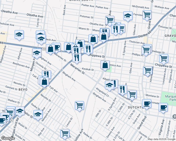 map of restaurants, bars, coffee shops, grocery stores, and more near 4004 Keokuk Street in St. Louis