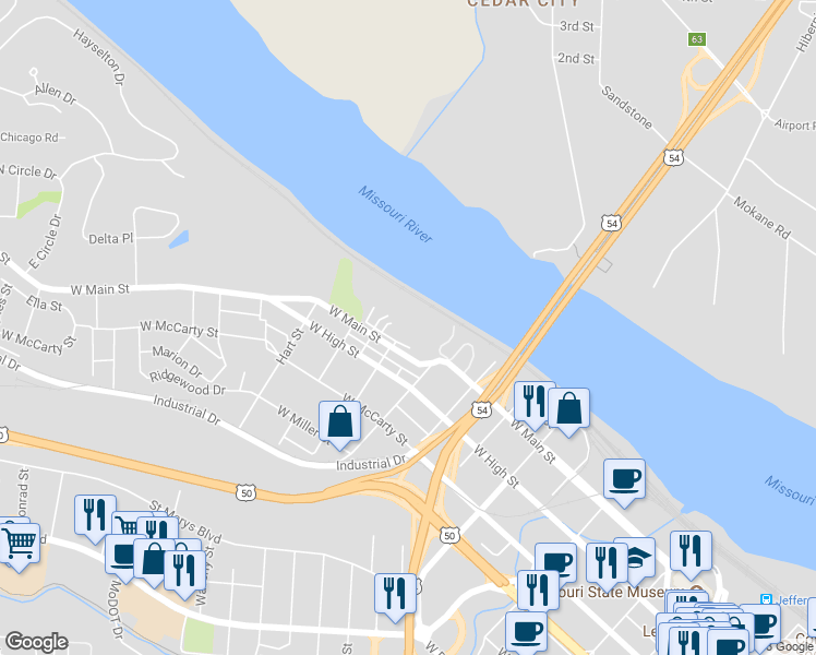 map of restaurants, bars, coffee shops, grocery stores, and more near 1002 West Main Street in Jefferson City