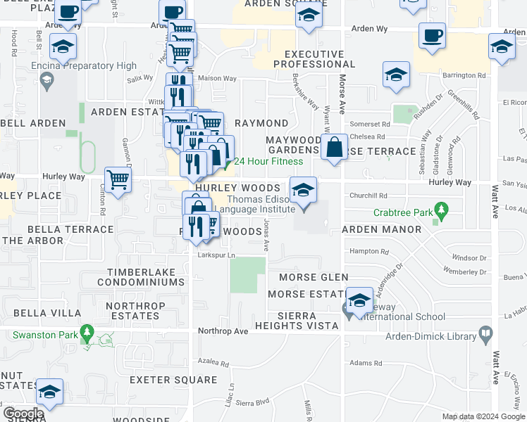 map of restaurants, bars, coffee shops, grocery stores, and more near 1222 Jonas Avenue in Sacramento