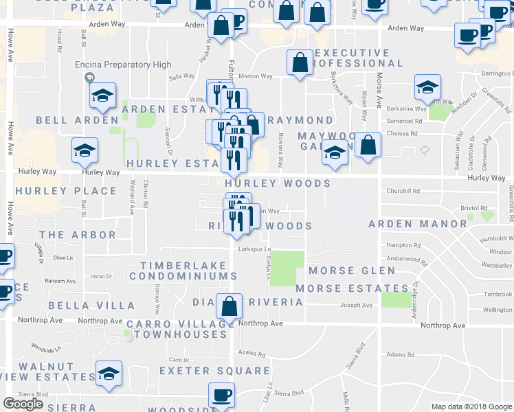 map of restaurants, bars, coffee shops, grocery stores, and more near 2671 Matheson Way in Sacramento