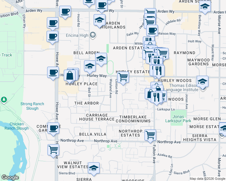 map of restaurants, bars, coffee shops, grocery stores, and more near 1213 Clinton Road in Sacramento