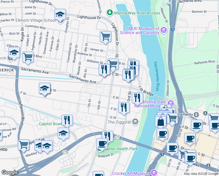 map of restaurants, bars, coffee shops, grocery stores, and more near 402 Harriet Lane in West Sacramento
