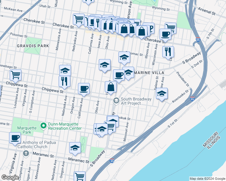 map of restaurants, bars, coffee shops, grocery stores, and more near 3712 South Jefferson Avenue in St. Louis