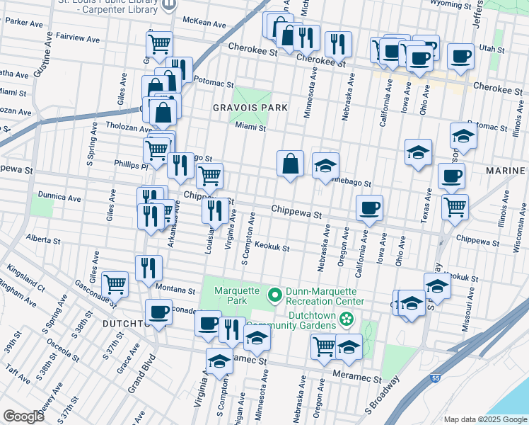 map of restaurants, bars, coffee shops, grocery stores, and more near 3125 Chippewa Street in St. Louis