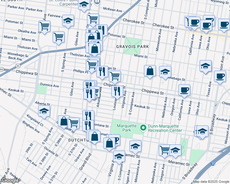 map of restaurants, bars, coffee shops, grocery stores, and more near 3420 Chippewa Street in St. Louis