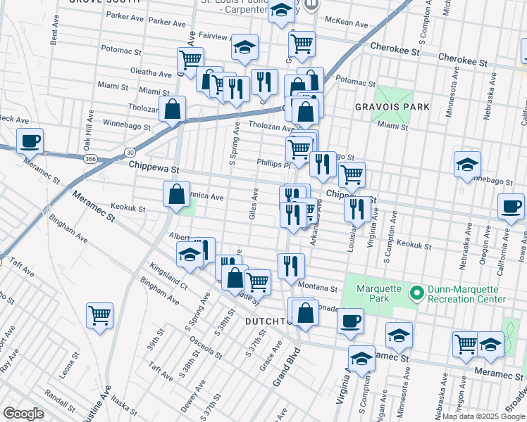 map of restaurants, bars, coffee shops, grocery stores, and more near 3638 Dunnica Avenue in St. Louis