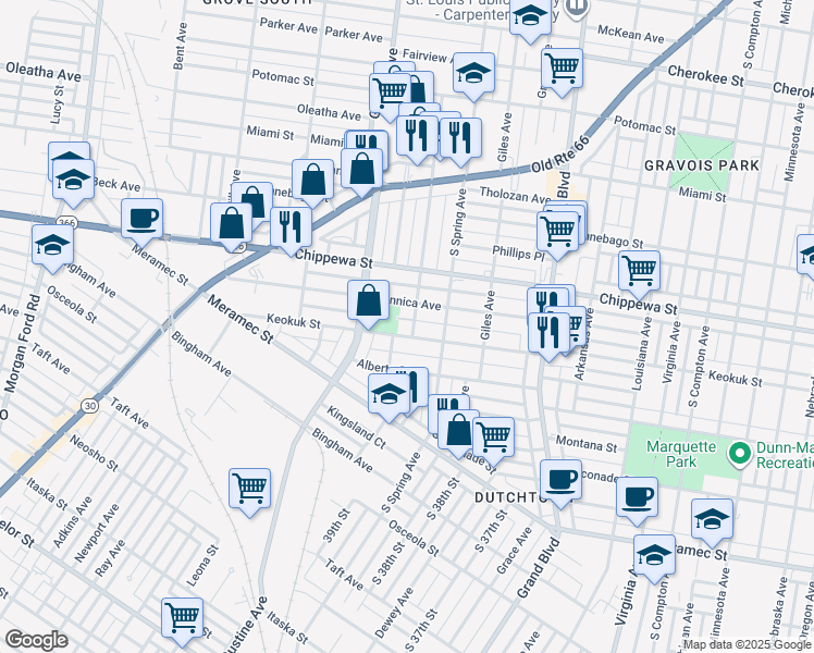map of restaurants, bars, coffee shops, grocery stores, and more near 3810 Dunnica Avenue in St. Louis