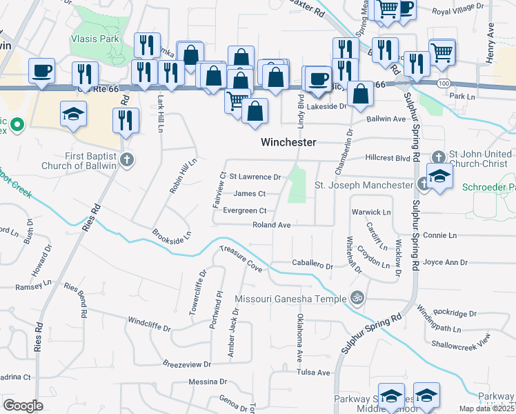 map of restaurants, bars, coffee shops, grocery stores, and more near 48 James Court in Ballwin