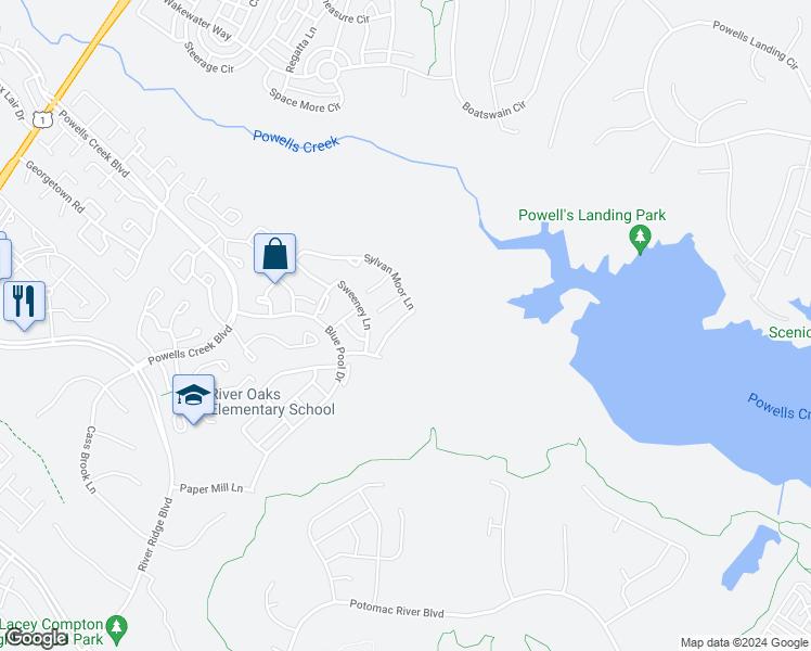 map of restaurants, bars, coffee shops, grocery stores, and more near 16557 Bramblewood Lane in Woodbridge