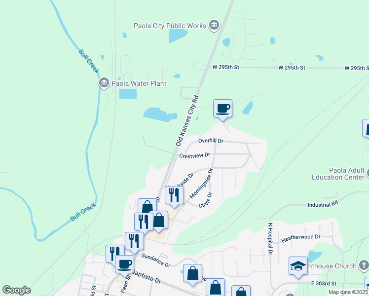 map of restaurants, bars, coffee shops, grocery stores, and more near 4 Overhill Drive in Paola