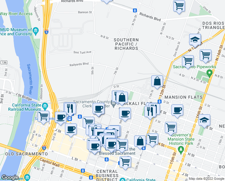 map of restaurants, bars, coffee shops, grocery stores, and more near 417 North 7th Street in Sacramento