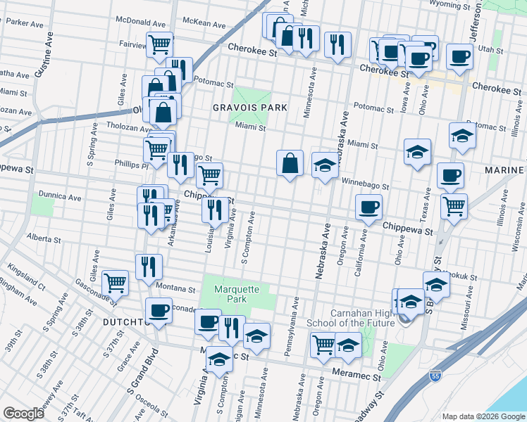map of restaurants, bars, coffee shops, grocery stores, and more near 3125 Chippewa Street in St. Louis