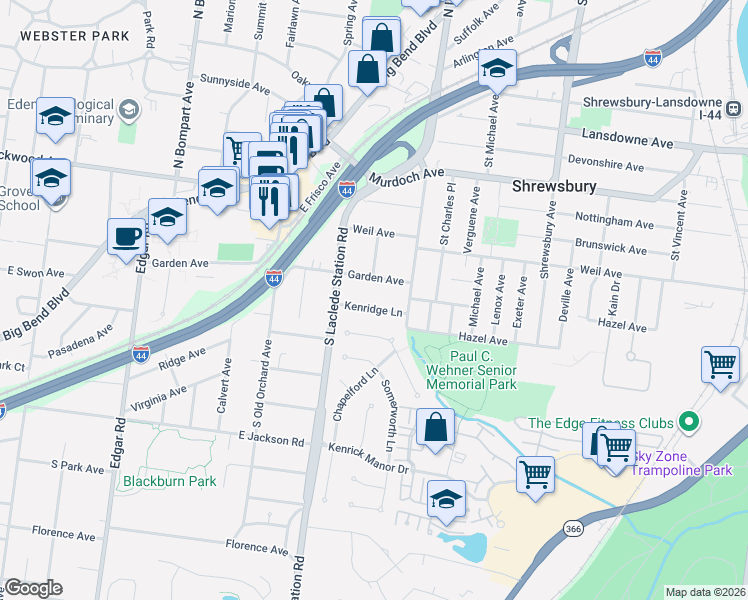 map of restaurants, bars, coffee shops, grocery stores, and more near 7812 Garden Avenue in St. Louis